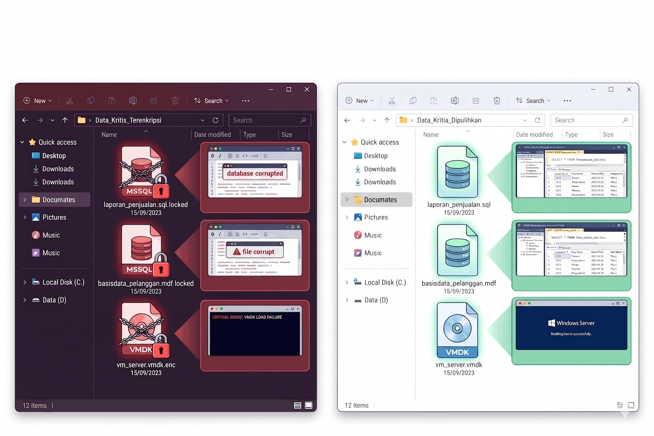 Before and after ransomware encryption — files unlocked by FixRansomware